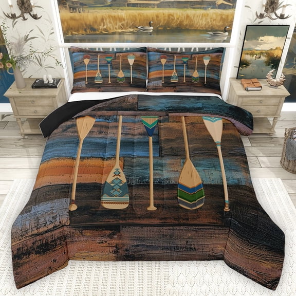 Homewish Vintage Paddle 3 Pieces Queen Comforter Set for Kids Children Teens,Lake House Ultra Soft Bedding Sets,Blue Brown Bedding Comforter Set Breathable,Ultra Soft Home Decor,Reversible