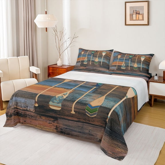 Homewish Vintage Paddle 4 Pieces Queen Sheet Sets for Kids Children Teens,Lake House Ultra Soft Flat Sheet,Blue Brown Queen Fitted Sheet,Ultra Soft Home Decor