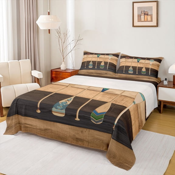 Homewish Vintage Paddle 4 Pieces Queen Sheet Sets for Kids Children Teens,Retro Rustic Cottage Ultra Soft Flat Sheet,Brown Blue Queen Fitted Sheet,Ultra Soft Home Decor