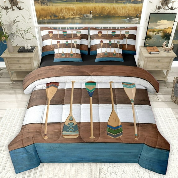 Homewish Vintage Paddle Bedding Comforter Set 7-Piece for Teens Boys Girls,Lake House King Bedding Sets,Lodge Cabin Ultra Soft Bed Sheets,Luxury Bedroom Decor,Reversible