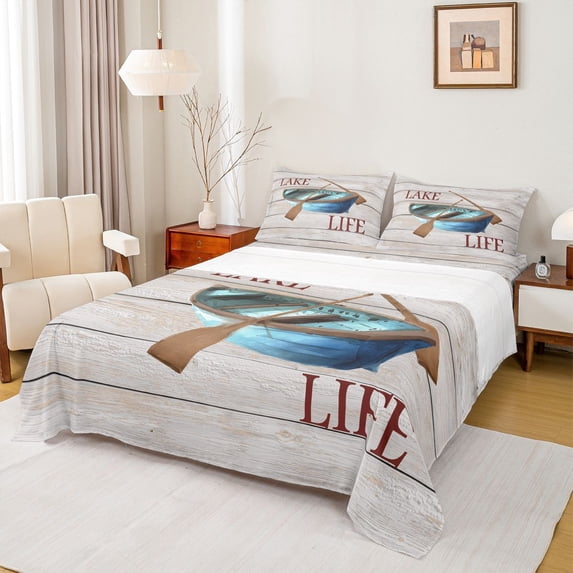 Homewish Vintage Paddle Boat Full Size Sheets 4-Piece for Teens Boys Girls,Lake House Breathable Bed Sheets,Lodge Cabin Lightweight Sheet Sets,Luxury Bedroom Decor