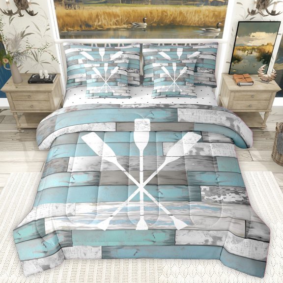 Homewish Vintage Paddle Twin Bedding Sets 7-Piece for Kids Children Teens,Retro Rustic Cottage Bedding Comforter Set Microfiber,Lake House Breathable Sheet Sets,Ultra Soft Home Decor,Reversible