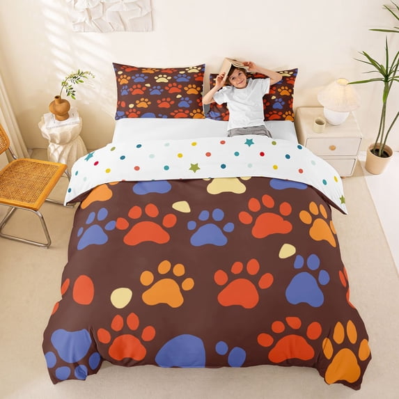 Homewish Vintage Paw Print Duvet Cover Queen,Brown Queen Bedding,Polkadot Reversible,3pcs,1 Duvet Cover and 2 Pillowcases