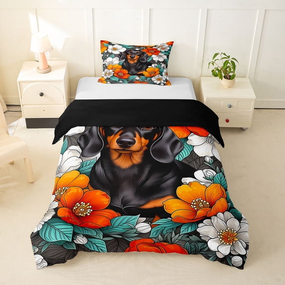 Homewish Vintage Pet Dog Twin Duvet Cover,Watercolor Flowers Twin Bedding,White Orange,Black Reversible,2pcs,1 Duvet Cover and 1 Pillowcase