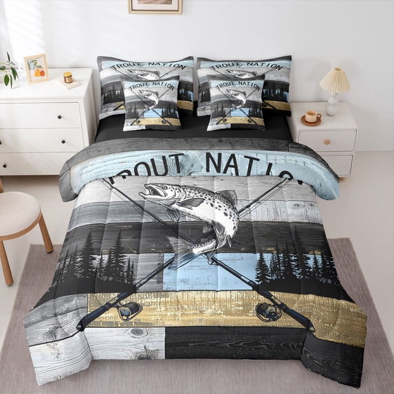 Homewish Vintage Pike Fishing 7pcs Queen Bedding,Trout Nation Print Bedding Comforter Set Queen,Gray Blue,Black Reversible