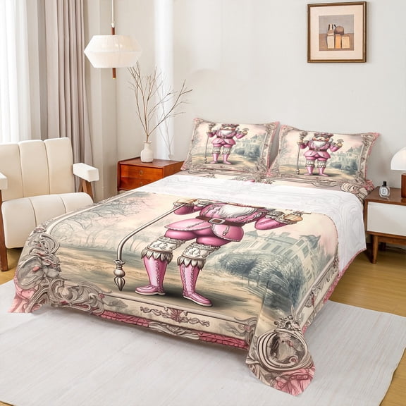 Homewish Vintage Pink Nutcracker Bed Sheets, Western Fairt Tale King Sheets, Mid Century Fashion Sheet Set, Luxury Bedroom Decor, 4 Pieces