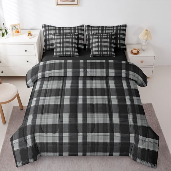 Homewish Vintage Plaid Pattern 7-Piece Bedding Comforter Set,Geometric Checkered Grid King Bedding Sets,Gray Black Bed Sheets For Girls Boys,Luxury Bedroom Decor Reversible