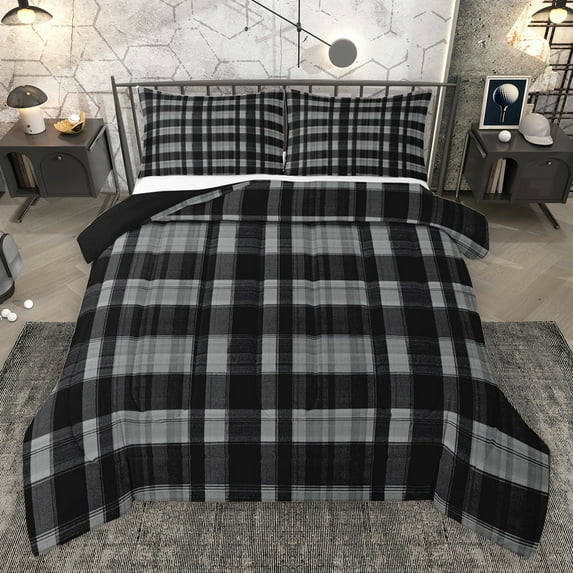 Homewish Vintage Plaid Pattern Bedding Comforter Set,Geometric Checkered Grid Twin Comforter Sets,Gray Black Bedding Set For Girls Boys,Luxury Bedroom Decor Reversible,2 Pieces