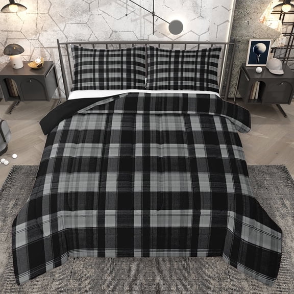 Homewish Vintage Plaid Pattern Queen Comforter Set,Geometric Checkered Grid Bedding Sets,Gray Black Bedding Comforter Set For Girls Boys,Luxury Bedroom Decor Reversible,3-Piece