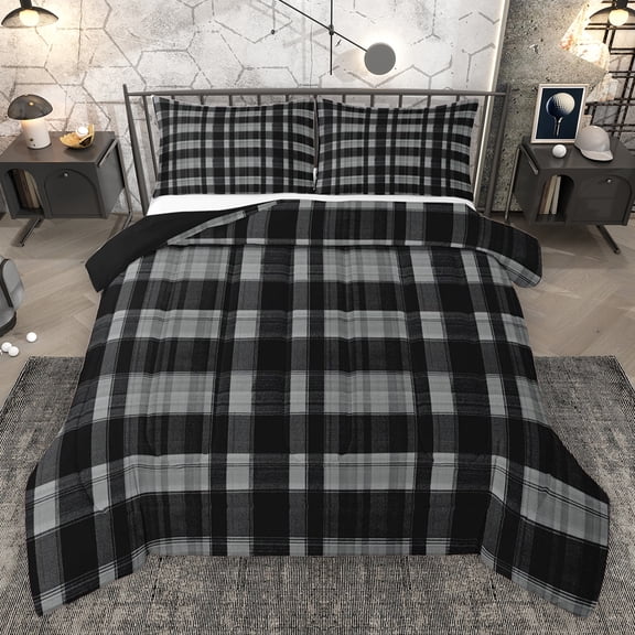 Homewish Vintage Plaid Pattern Queen Comforter Set,Geometric Checkered Grid Bedding Sets,Gray Black Bedding Comforter Set For Girls Boys,Luxury Bedroom Decor Reversible,3-Piece