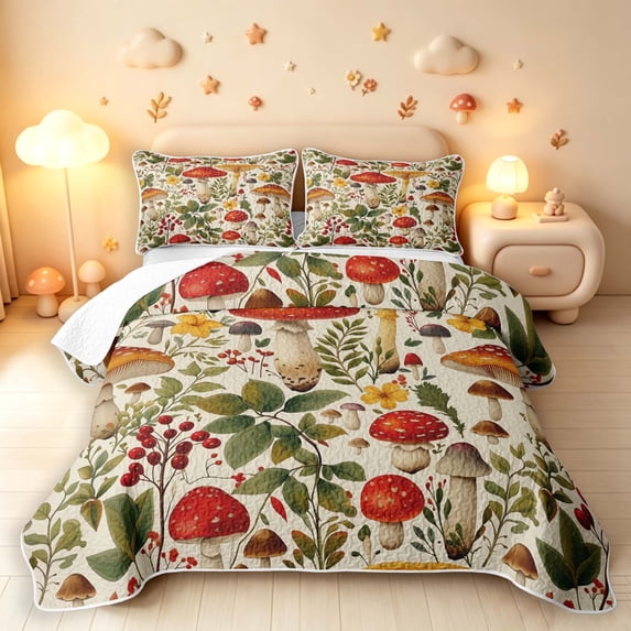 Homewish Vintage Plant Mushrooms Twin Quilt Set,Retro Botanical Fungi Twin Coverlet Set,Beige,Polkadot Reversible,2-Piece