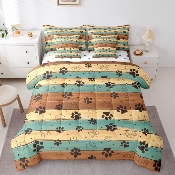 Homewish Vintage Puppy Paws 7 Pieces Full Size Bedding Sets,Rustic Farmhouse Cabin Full Size Bed in a Bag,Brown,Polkadot Reversible
