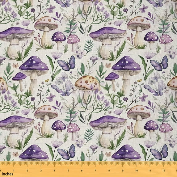 Homewish Vintage Purple Mushroom Fabric by the Yard 1 Yard, Jungle Hippie Butterfly Room Decor Fabric by the Yard, Bohemian Style Sewing Fabric, Microfiber Bedroom Decor