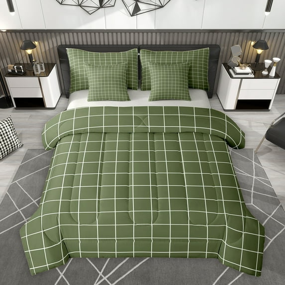 Homewish Vintage Rectangle Plaid Twin Bedding Sets 7-Piece, Stripes Ombre Bedding Comforter Set, Green Abstract Artwork Reversible Sheet Sets, Ultra Soft Bedroom Decor