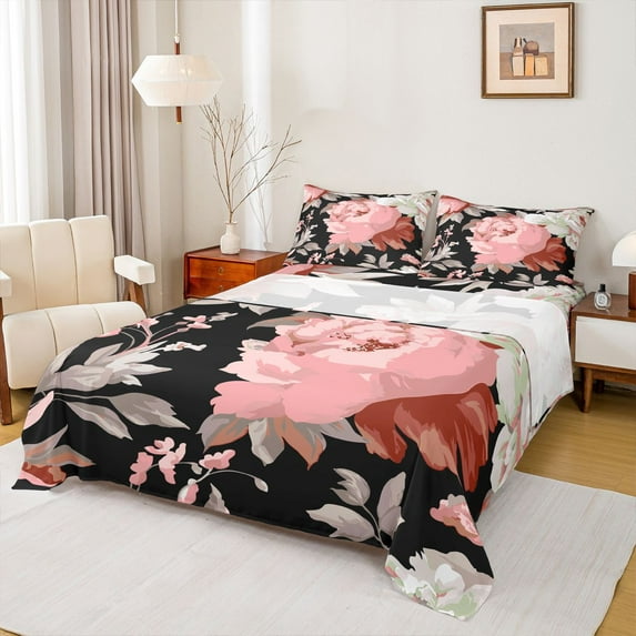 Homewish Vintage Rustic Flower Queen Sheet Sets, Chic Watercolor Rose Flat and Fitted Sheet, Black Coral Luxury Bedroom Decor, 4 Pieces