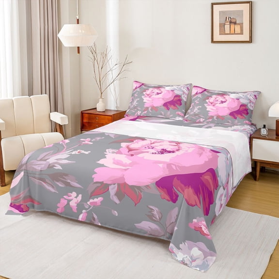 Homewish Vintage Rustic Flower Queen Sheet Sets, Chic Watercolor Rose Flat Sheet, Grey Pink Queen Fitted Sheet, Luxury Bedroom Decor, 4 Pieces