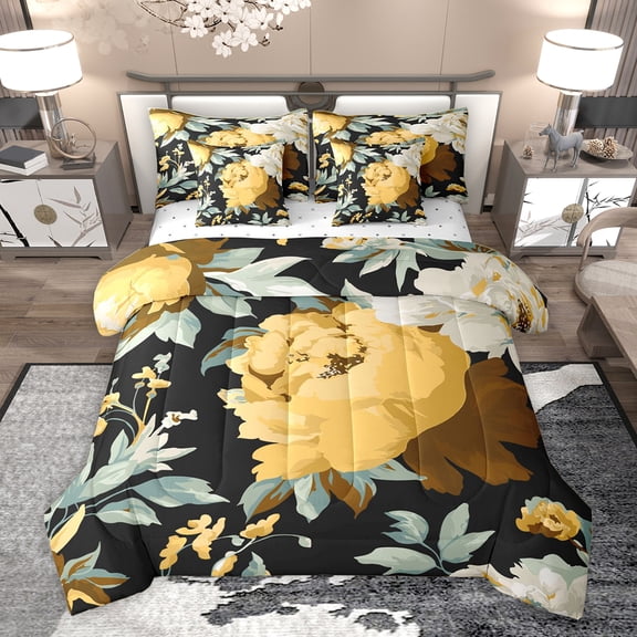 Homewish Vintage Rustic Flower Twin Bedding Sets 7-Piece, Chic Watercolor Rose Bedding Comforter Set, Black Yellow Reversible Sheet Sets, Breathable Home Decor