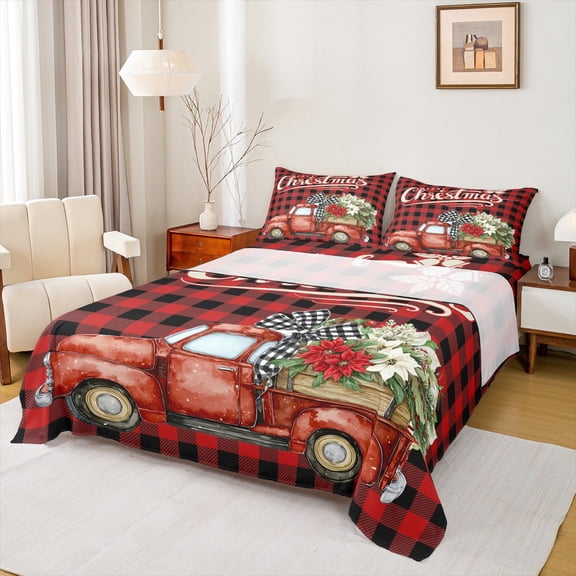 Homewish Vintage Rustic Truck Twin Sheet Sets, Black Red Buffalo Plaid Twin Fitted Sheet, Merry Christmas Flat Sheet, Microfiber Bedroom Decor, 3pcs