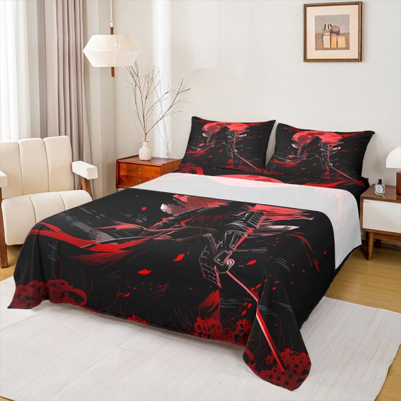 Homewish Vintage Samurai Landscape Bed Sheets,Japanese Style Full Size Sheets,4-Piece,1 Flat Sheet, 1 Fitted Sheet and 2 Pillowcases