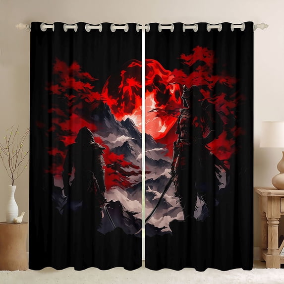 Homewish Vintage Samurai Landscape Blackout Curtains,Red Son Maple Leaf Curtains Pack of 2 (42x84 Each)