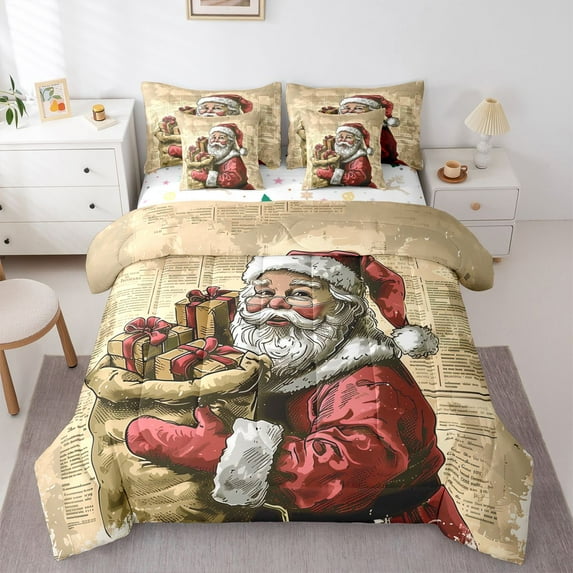 Homewish Vintage Santa Claus Bedding Comforter Set 7 Pieces for Teens, Western Winter Festival Full Bedding Set, Merry Christmas Reversible Fitted Sheet Flat Sheet, Breathable Home Decor