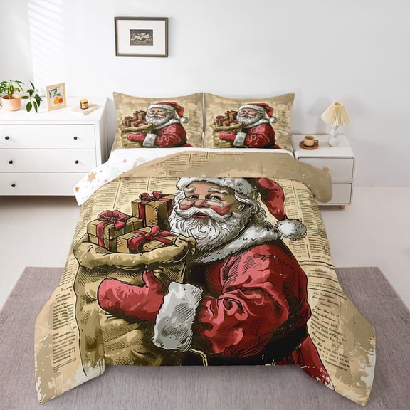 Homewish Vintage Santa Claus Bedding Comforter Set for Teens, Western Winter Festival Twin Comforter Sets, Merry Christmas Reversible Bedding Set, Breathable Home Decor, 2 Pieces