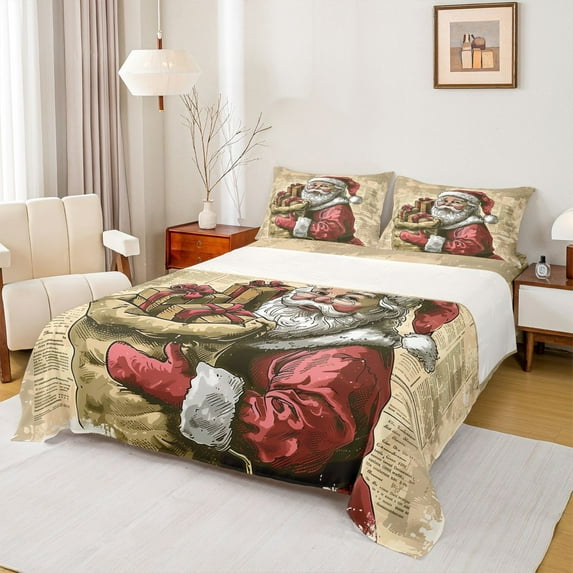 Homewish Vintage Santa Claus Queen Sheet Sets for Teens, Western Winter Festival Flat Sheet, Merry Christmas Queen Fitted Sheet, Breathable Home Decor, 4 Pieces