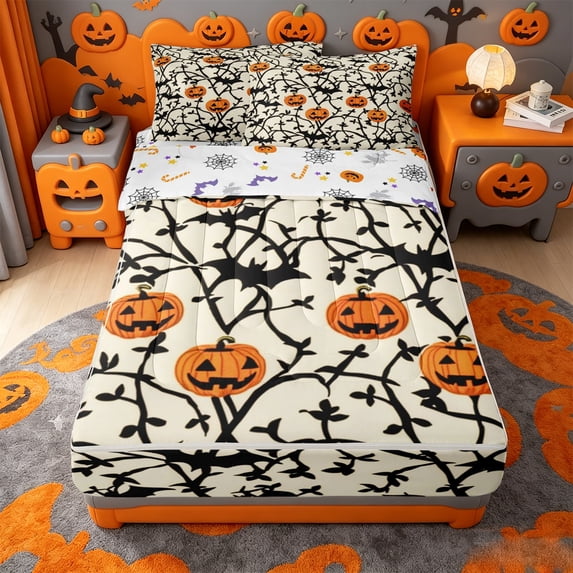 Homewish Vintage Silhouette Halloween Pumpkin Zipper Twin Comforter Sets with Fitted Sheet and 2 Pillowcases,Bat Branch Print Zipper Bedding Set,Halloween Reversible,4pcs