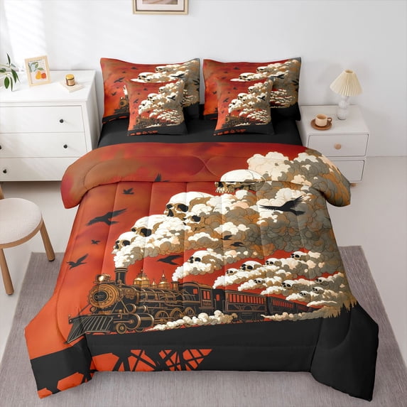 Homewish Vintage Skull Crows 7pcs Queen Bedding,Retro Train Bedding Comforter Set Queen,Halloween Bed Set,Black Reversible