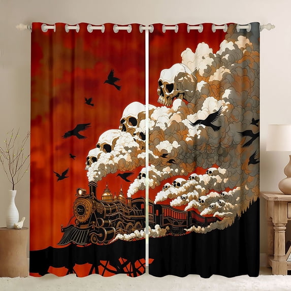Homewish Vintage Skull Crows Blackout Curtains Set of 2 (52x84 Each),Retro Train Curtain,Halloween Living Room Curtains