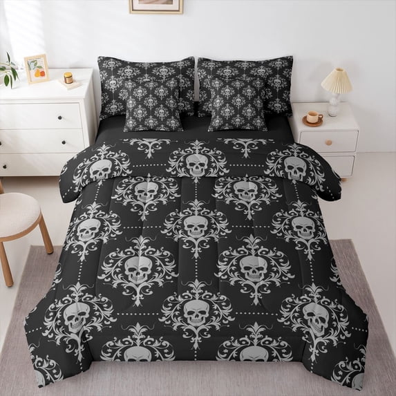 Homewish Vintage Skull Damask 7-Piece King Bedding,Gothic Halloween King Bed in a Bag,Black Gray,Black Reversible