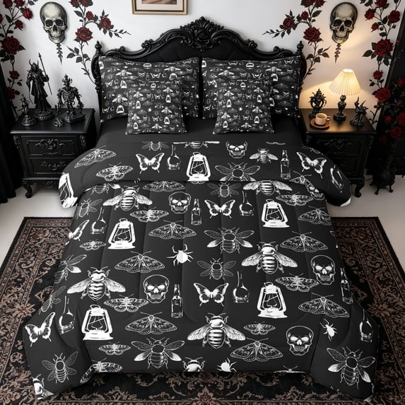 Homewish Vintage Skull Moth Full Size Bedding Sets for Adults, Halloween Gothic Line Art Full Size Bed in a Bag, Black Reversible, 7 Pieces