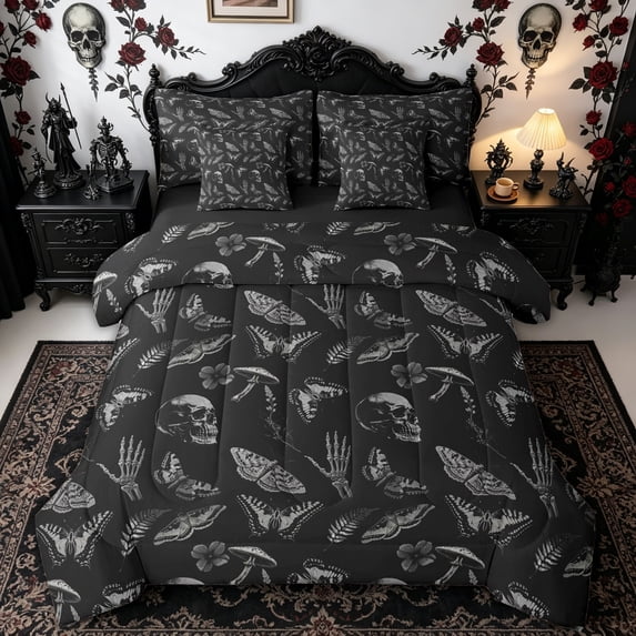 Homewish Vintage Skull Moth King Bedding, Halloween Skeleton Hand King Bed in a Bag, Black Reversible, 7 Pieces