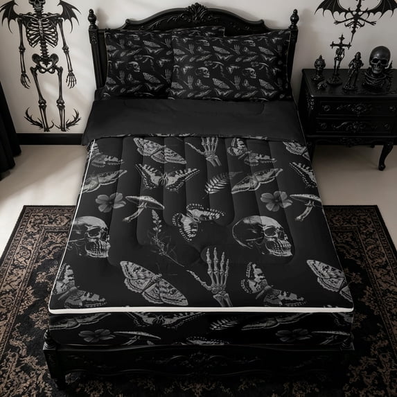 Homewish Vintage Skull Moth Zipper Queen Comforter Set with Fitted Sheet and 2 Pillowcases for Kids, Halloween Skeleton Hand Zipper Bedding Set, Black Reversible, 4 Pieces
