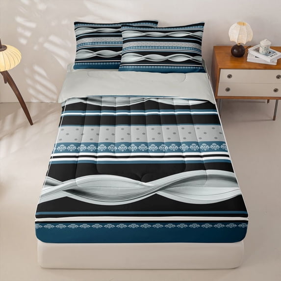 Homewish Vintage Spiral Lines Zipper Twin Comforter Sets with Fitted Sheet and 2 Pillowcases,Retro Geometric Zipper Bedding Set,Light Gray Reversible,4pcs