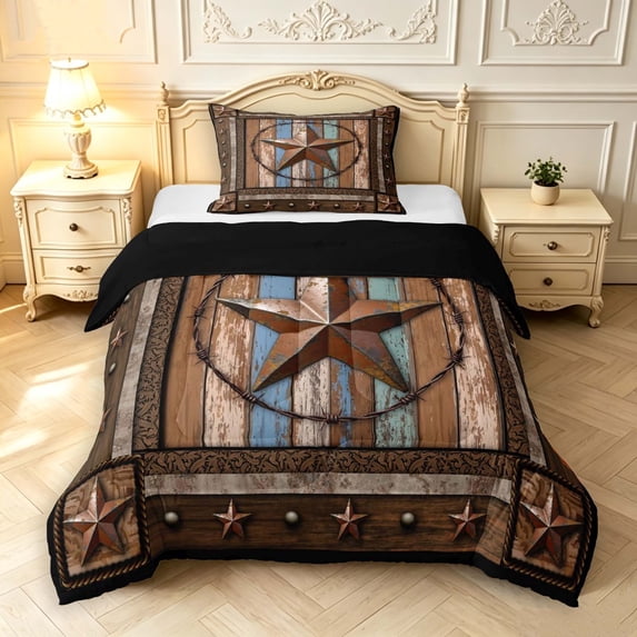 Homewish Vintage Stars Twin Comforter Sets,Rustic Farmhouse Cabin Bedding Set,Brown,Black Reversible,2-Piece,1 Comforter and 1 Pillowcase