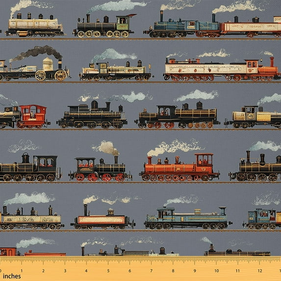 Homewish Vintage Stream Train Fabric by the Yard 2 Yards, Transportation Vehicle Sewing Fabric, Teens Boys Girls Kids Fabric for Sewing, Lightweight Room Decor