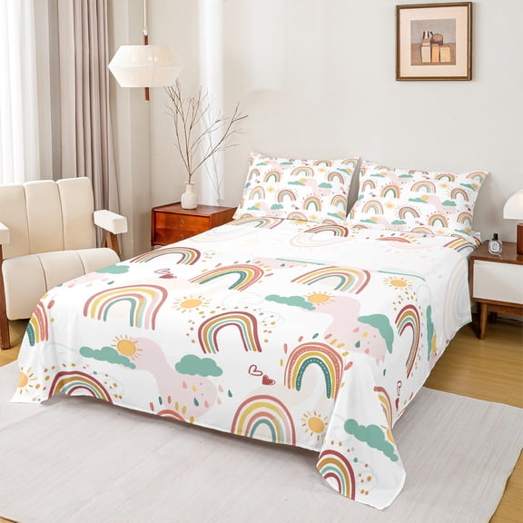 Homewish Vintage Striped Rainbow Twin Sheet Sets,Cartoon Sun Coluds Twin Fitted Sheet,White Orange 03 For Kids Girl,Microfiber Bedroom Decor,3pcs