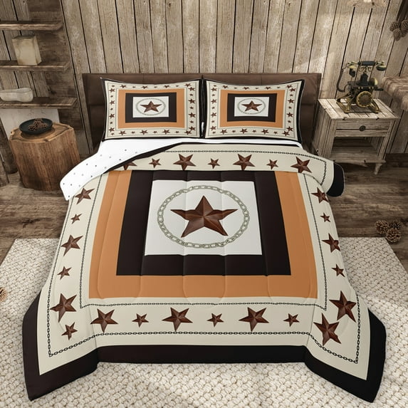 Homewish Vintage Texas Stars Queen Comforter Set,Western Cowboys Bedding Sets,Brown Beige Bedding Comforter Set For Boys Kids,Luxury Bedroom Decor Reversible,3-Piece