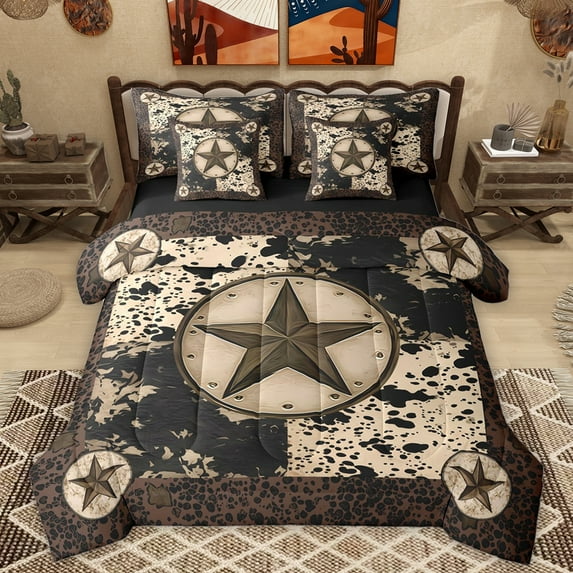 Homewish Vintage Texas Stars Twin Bedding Sets 7-Piece, Fashion Leopard Cheetah Print Bedding Comforter Set, Bohemian Rustic Reversible Sheet Sets, Luxury Bedroom Decor