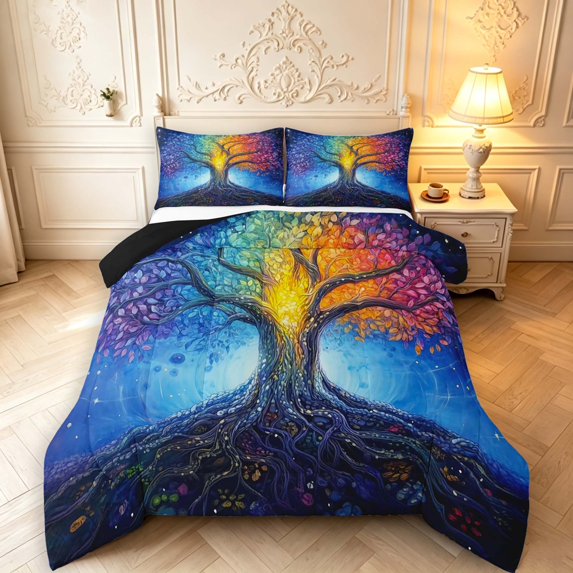 Homewish Vintage Tree Of Life Full Size Comforter Sets,Colorful Botanical Print Bedding Comforter Set,Blue Purple,Black Reversible,3-Piece,1 Comforter and 2 Pillowcases