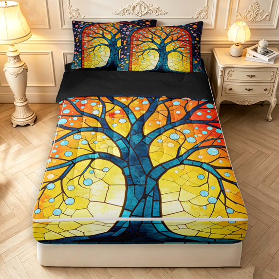 Homewish Vintage Tree Of Life Zipper Queen Comforter Set with Fitted Sheet and 2 Pillowcases,Colorful Glass Dots Zipper Bedding Set,Yellow,Black Reversible,4pcs