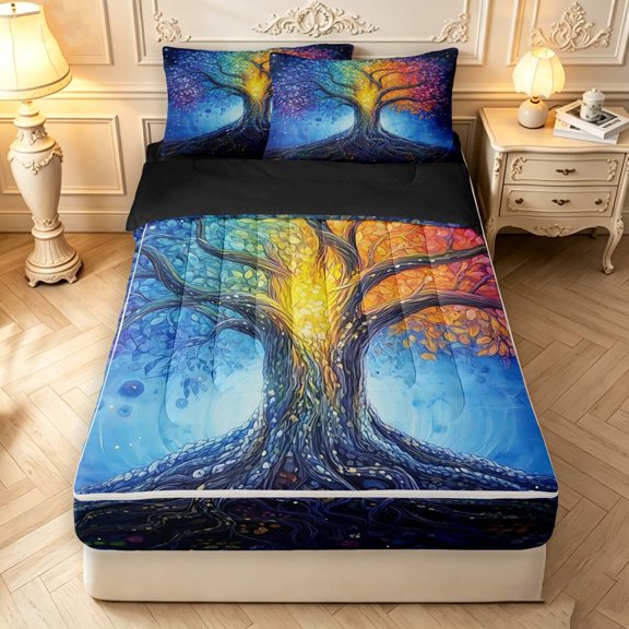 Homewish Vintage Tree Of Life Zipper Twin Comforter Sets with Fitted Sheet and 2 Pillowcases,Colorful Botanical Print Zipper Bedding Set,Blue Purple,Black Reversible,4pcs