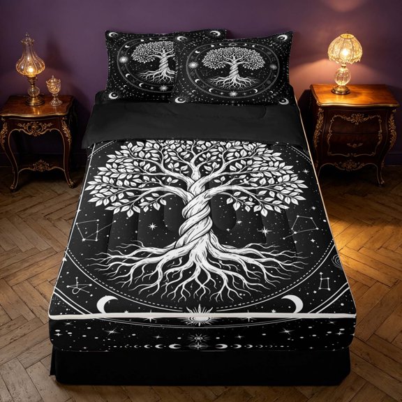 Homewish Vintage Tree of Life Zipper Twin Comforter Sets with Fitted Sheet and 2 Pillowcases, Moon Astrology Stars Zipper Bedding Set, Black White, Black Reversible