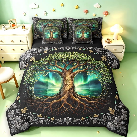 Homewish Vintage Tree Of Life 7-Piece Twin Bedding,Bohemian Damask Floral Bedding Comforter Set,Black Green,Black Reversible