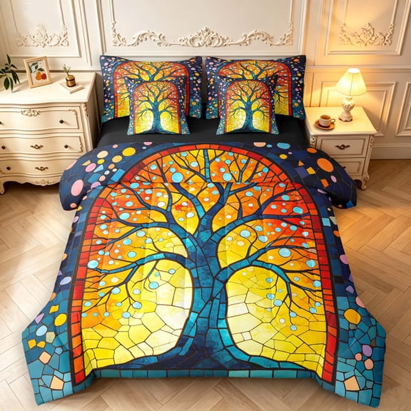 Homewish Vintage Tree Of Life 7-Piece Twin Bedding,Colorful Glass Dots Bedding Comforter Set,Yellow,Black Reversible