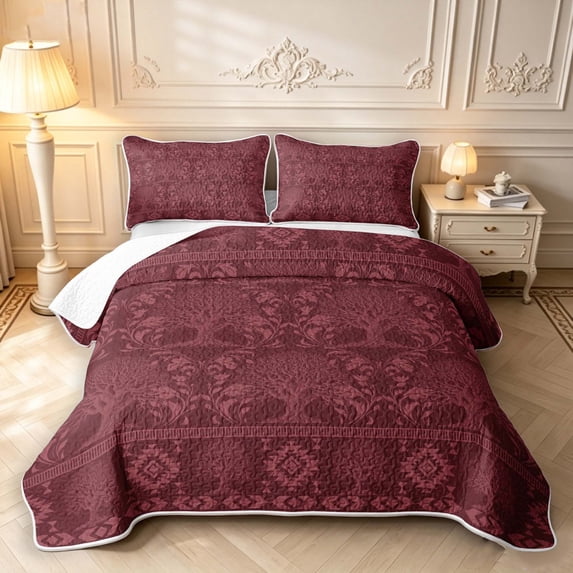 Homewish Vintage Tree Of Life Quilt King,Rustic Western Aztec King Coverlet Set,Red,Black Reversible,3 Pieces