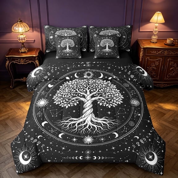 Homewish Vintage Tree of Life Queen Bedding, Moon Astrology Stars Bedding Comforter Set Queen, Black White, Black Reversible 7 Pieces