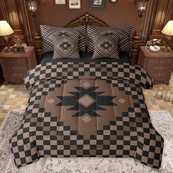 Homewish Vintage Triangle Aztec Bedding Comforter Set 7pcs, Brown Buffalo Plaid King Bedding Sets, Bohemian Checkered Reversible Bed Sheets, Microfiber Bedroom Decor