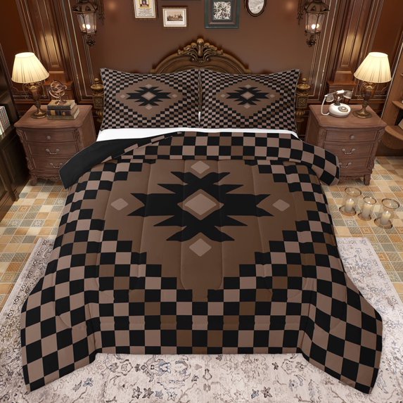 Homewish Vintage Triangle Aztec Full Size Comforter Sets, Brown Buffalo Plaid Bedding Comforter Set, Bohemian Checkered Reversible Bedding Sets, Microfiber Bedroom Decor, 3 Pieces